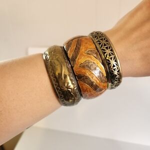 Vintage Brass Bangle Bracelet Set Cloisonne Boho Bohemian Jewlery 1970s Eclectic